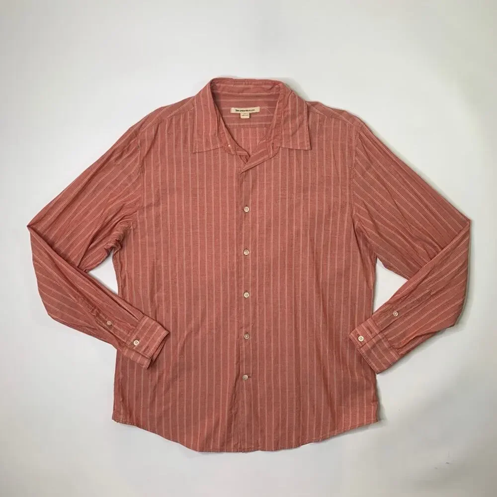 John Varvatos Shirt Mens XL Salmon Cream Cotton Striped Button Up Long Sleeve - Picture 2 of 8
